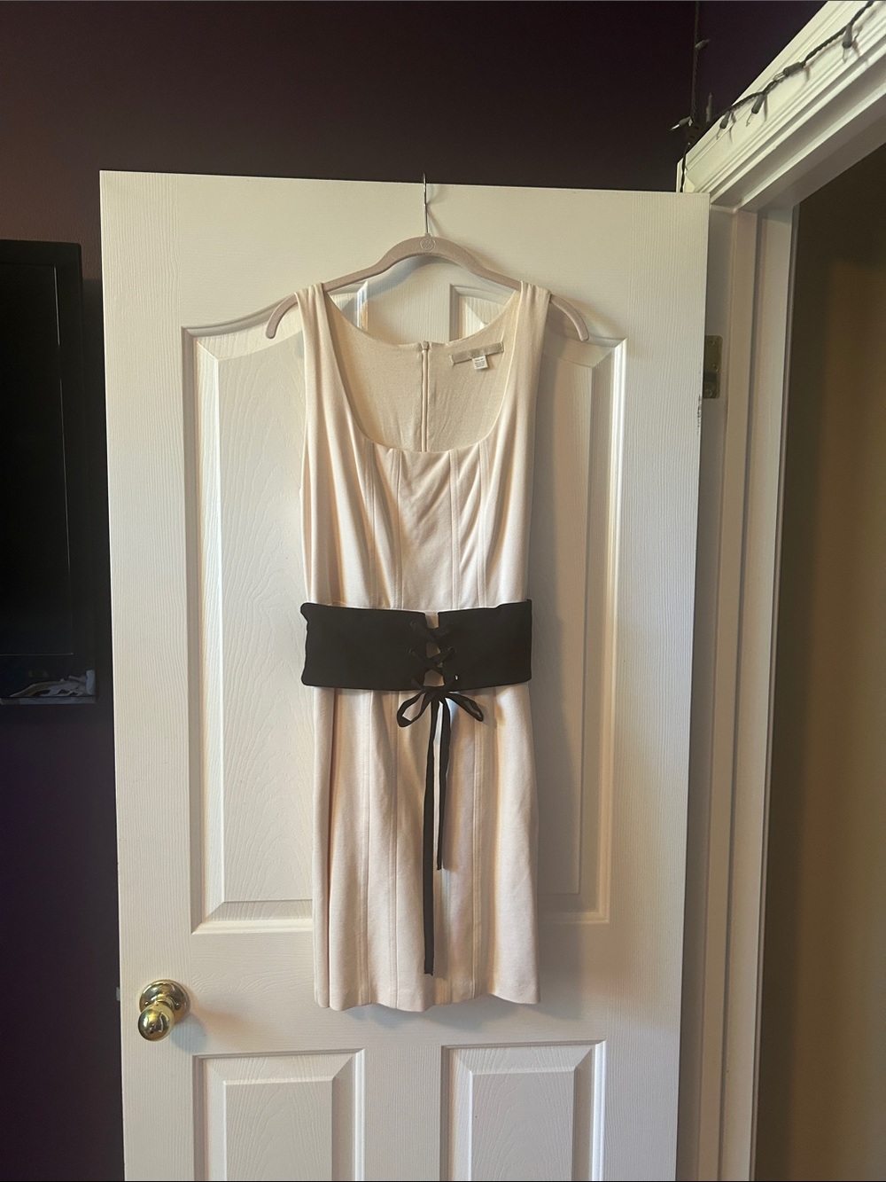 Boston Proper Cream Mini Dress with Black Lace Waist Corset